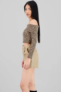 Shasa Long Sleeve Off Shoulder Leopard Top