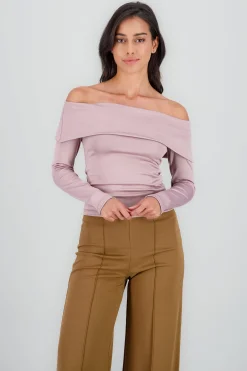 Shasa Long Sleeve Off Shoulder Solid Top