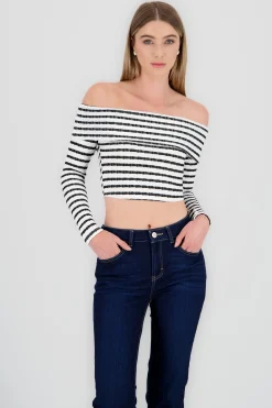 Shasa Long Sleeve Off Shoulder Striped Top