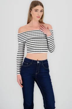 Shasa Long Sleeve Off Shoulder Striped Top