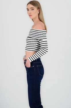 Shasa Long Sleeve Off Shoulder Striped Top