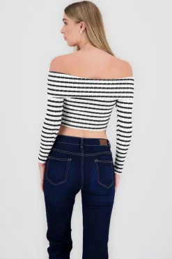Shasa Long Sleeve Off Shoulder Striped Top