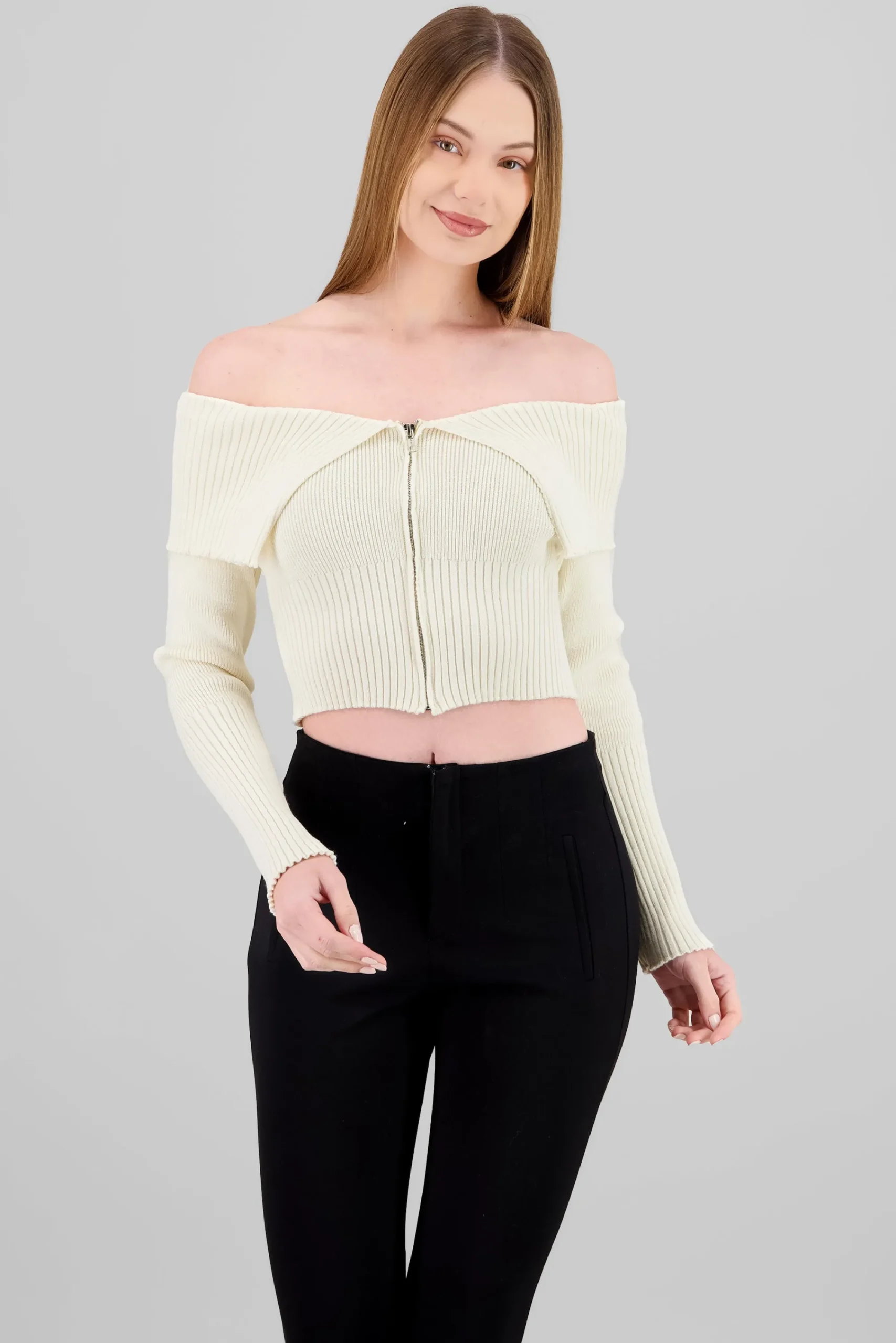 Shasa Long Sleeve Off The Shoulder Top With Closure