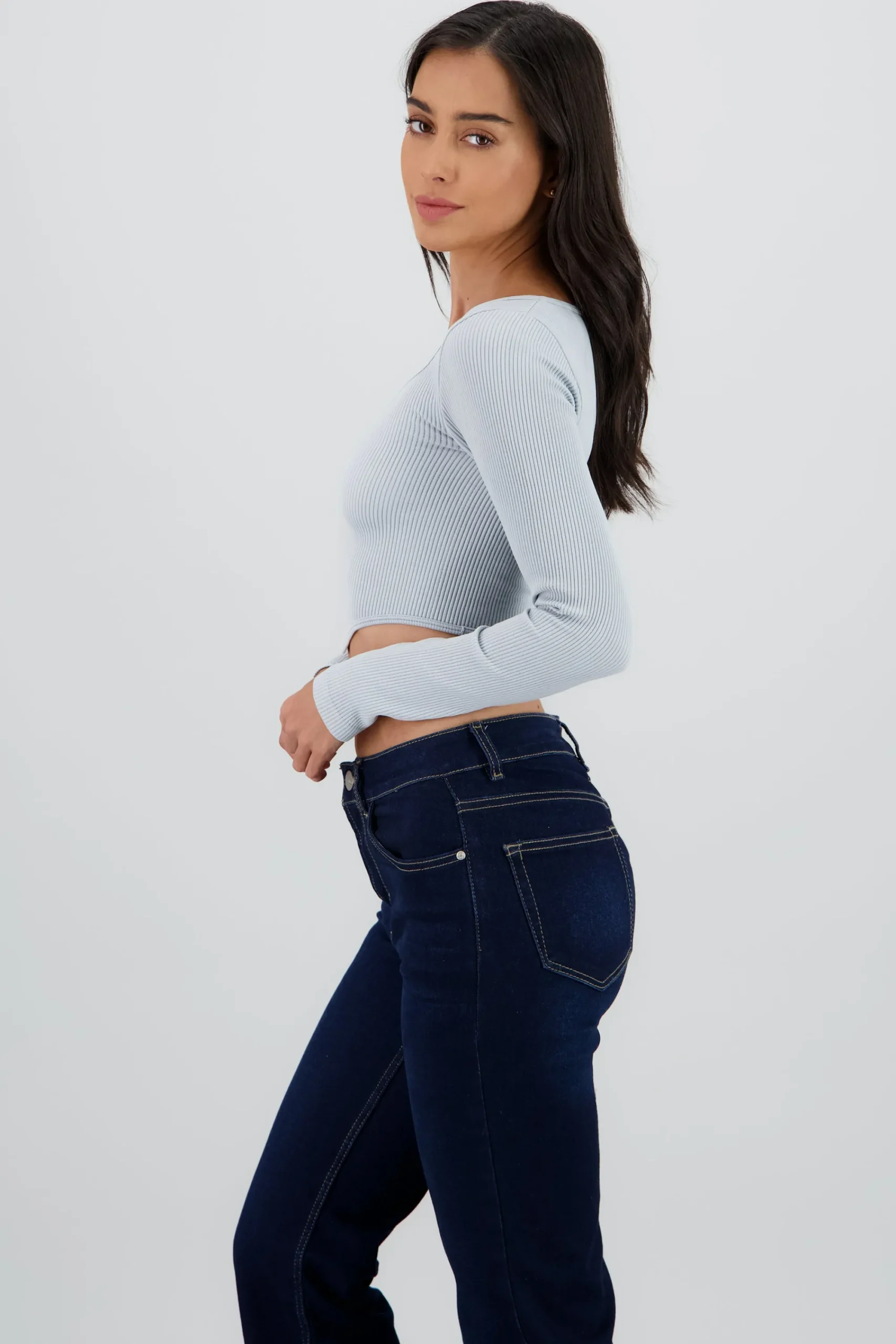 Shasa Long Sleeve Ribbed Crew Neck Top