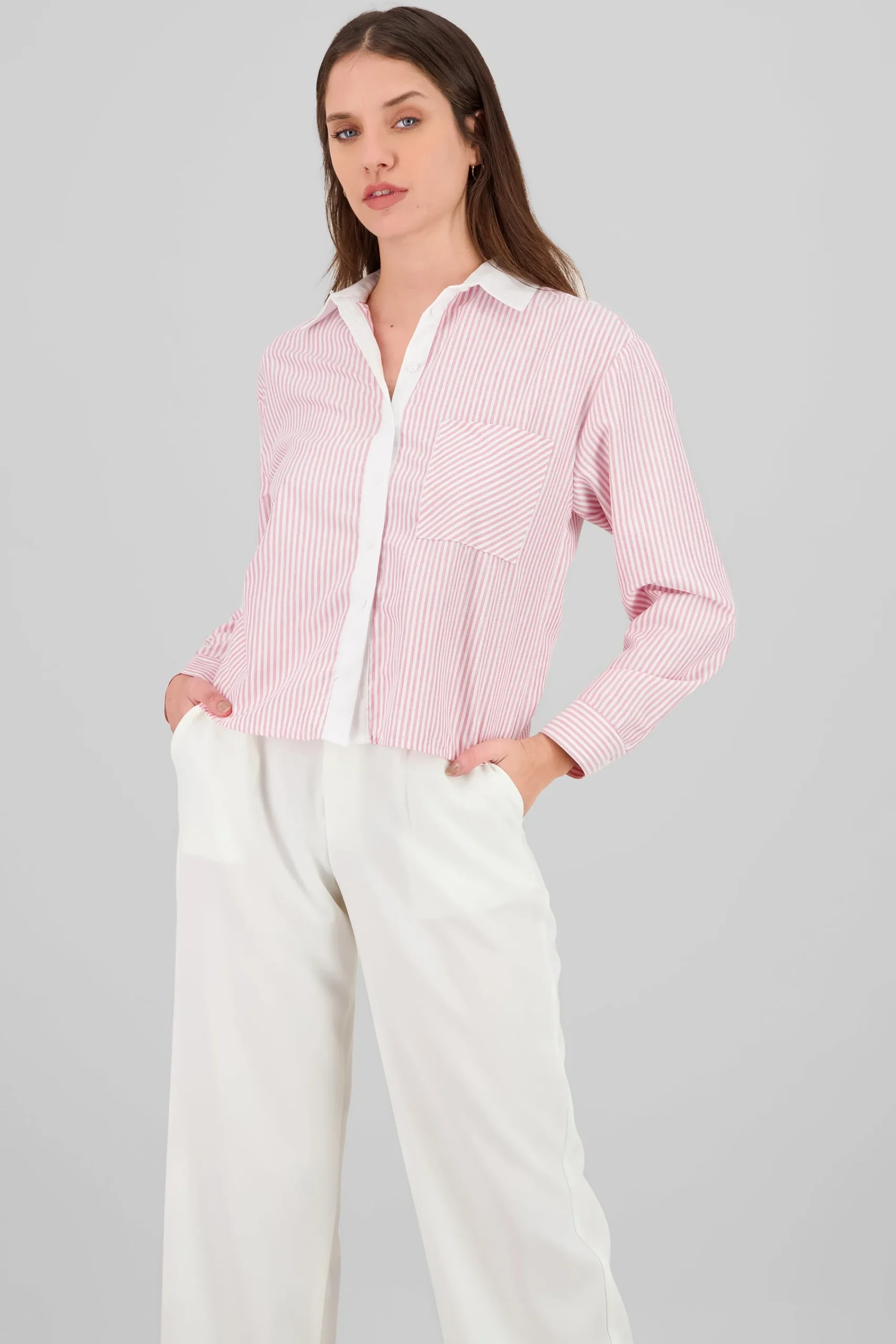 Shasa Long Sleeve Striped Crop Shirt