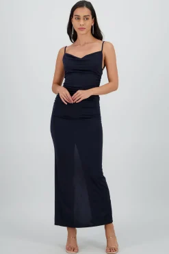 Shasa Mesh Draped Maxi Dress with Straps
