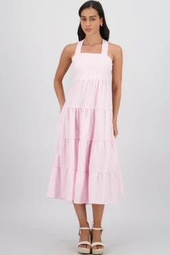 Shasa Midi Dress with Wide Straps and Ruffles