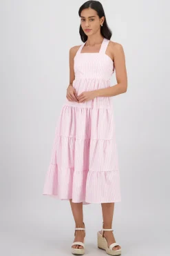 Shasa Midi Dress with Wide Straps and Ruffles