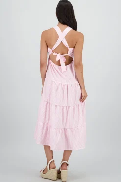 Shasa Midi Dress with Wide Straps and Ruffles