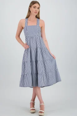 Shasa Midi Dress with Wide Straps and Ruffles