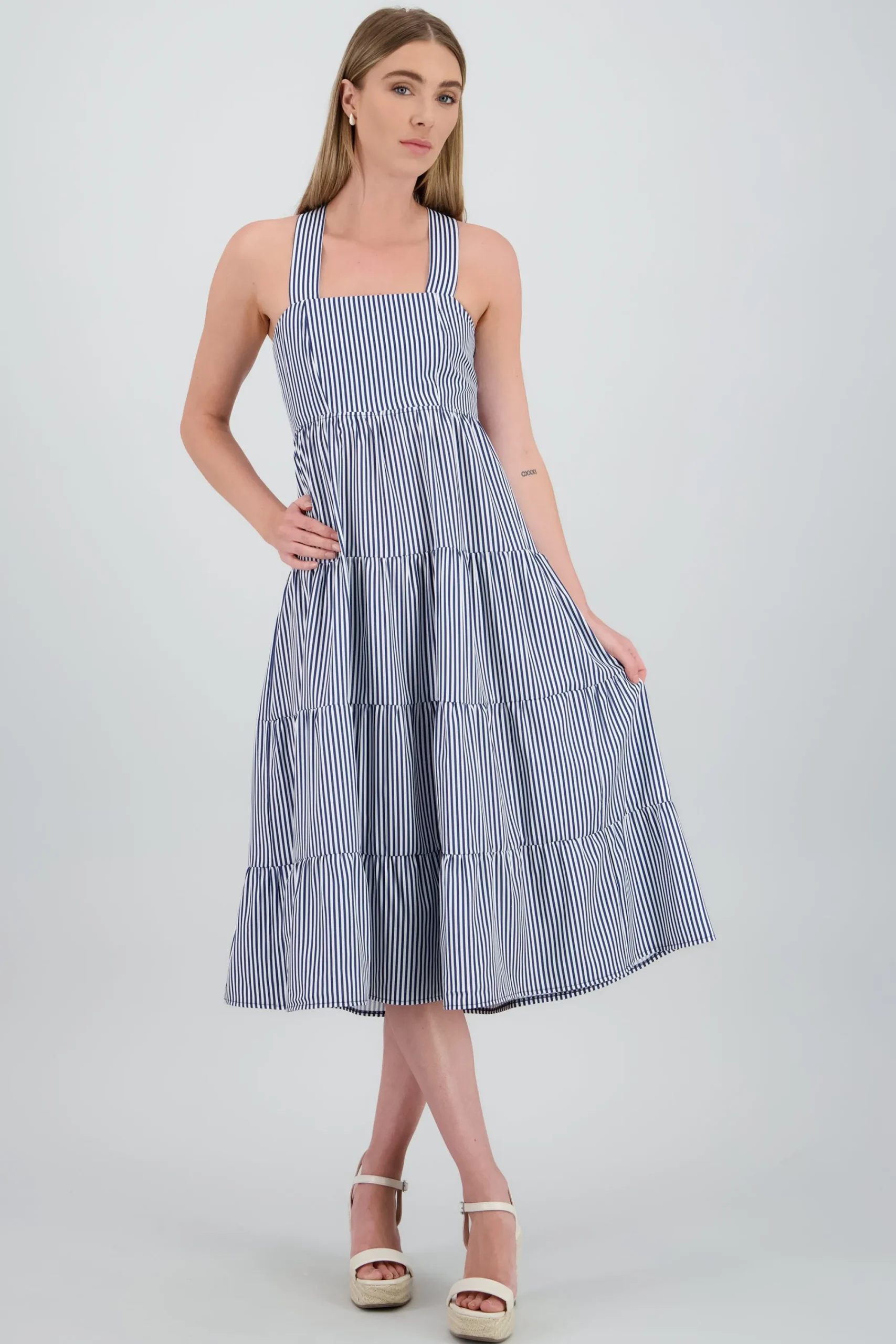 Shasa Midi Dress with Wide Straps and Ruffles