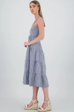 Shasa Midi Dress with Wide Straps and Ruffles