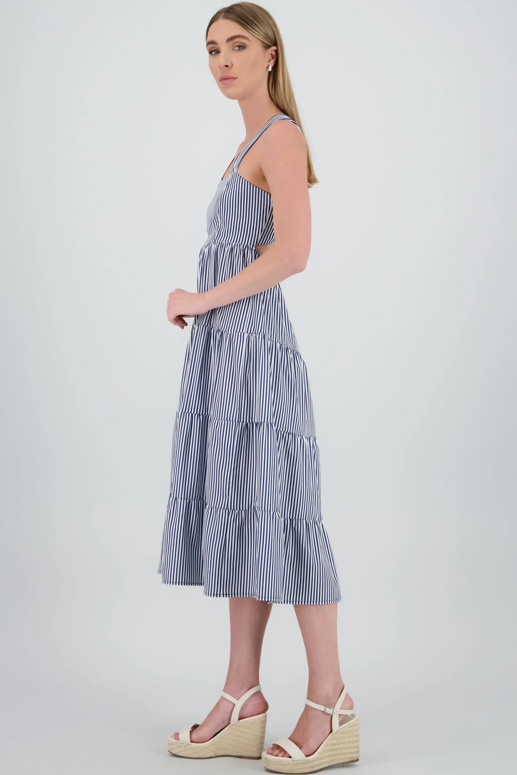 Shasa Midi Dress with Wide Straps and Ruffles
