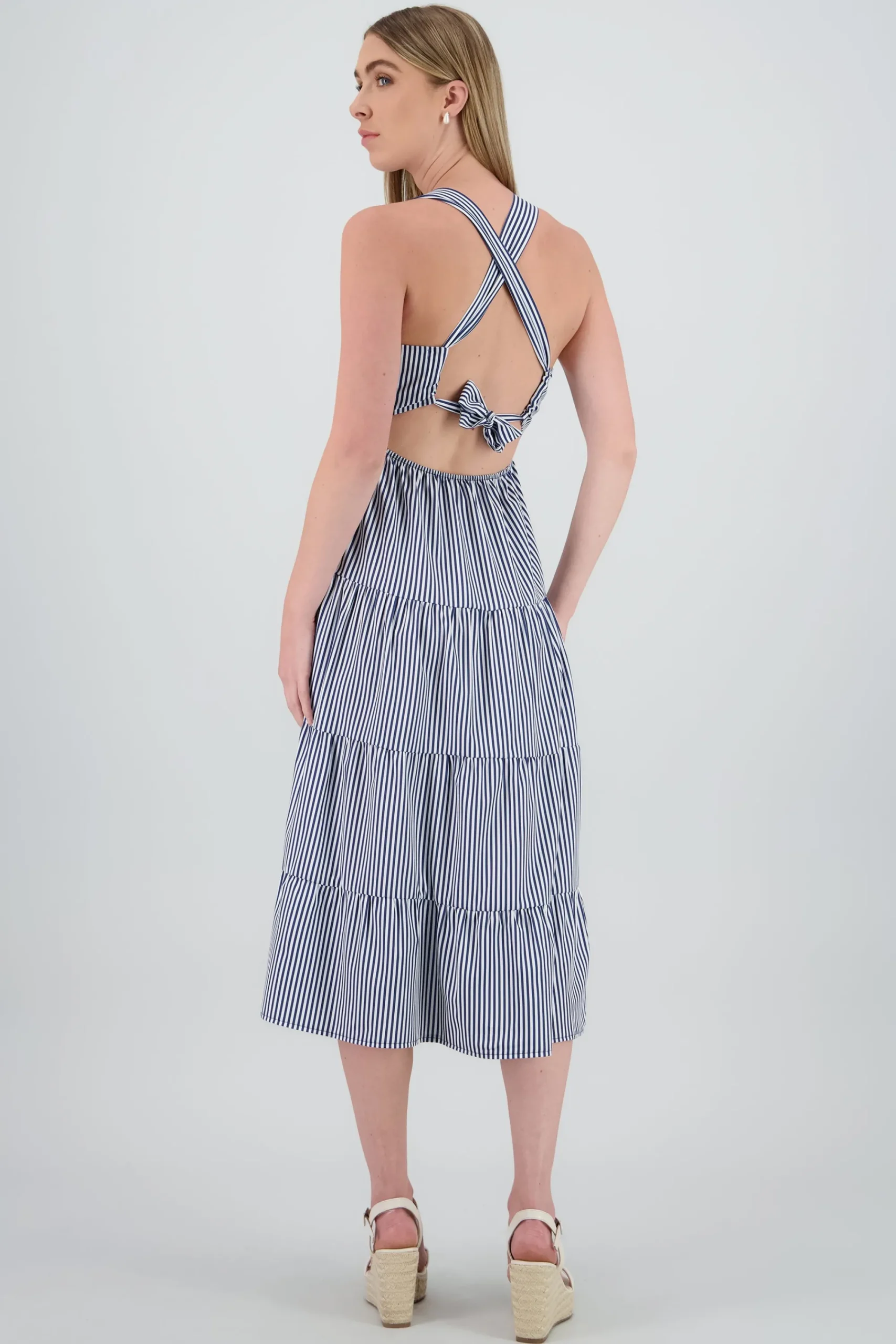 Shasa Midi Dress with Wide Straps and Ruffles
