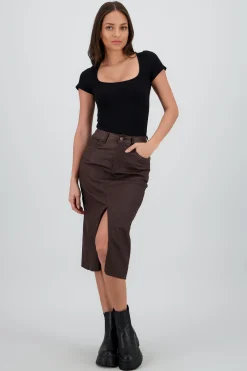 Shasa Midi Skirt with Faux Leather Detail