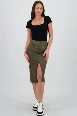 Shasa Midi Skirt with Faux Leather Detail