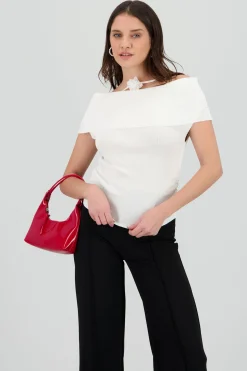 Shasa Off Shoulder Knitted Top with Floral Detail
