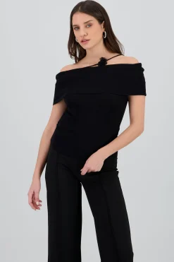Shasa Off Shoulder Knitted Top with Floral Detail