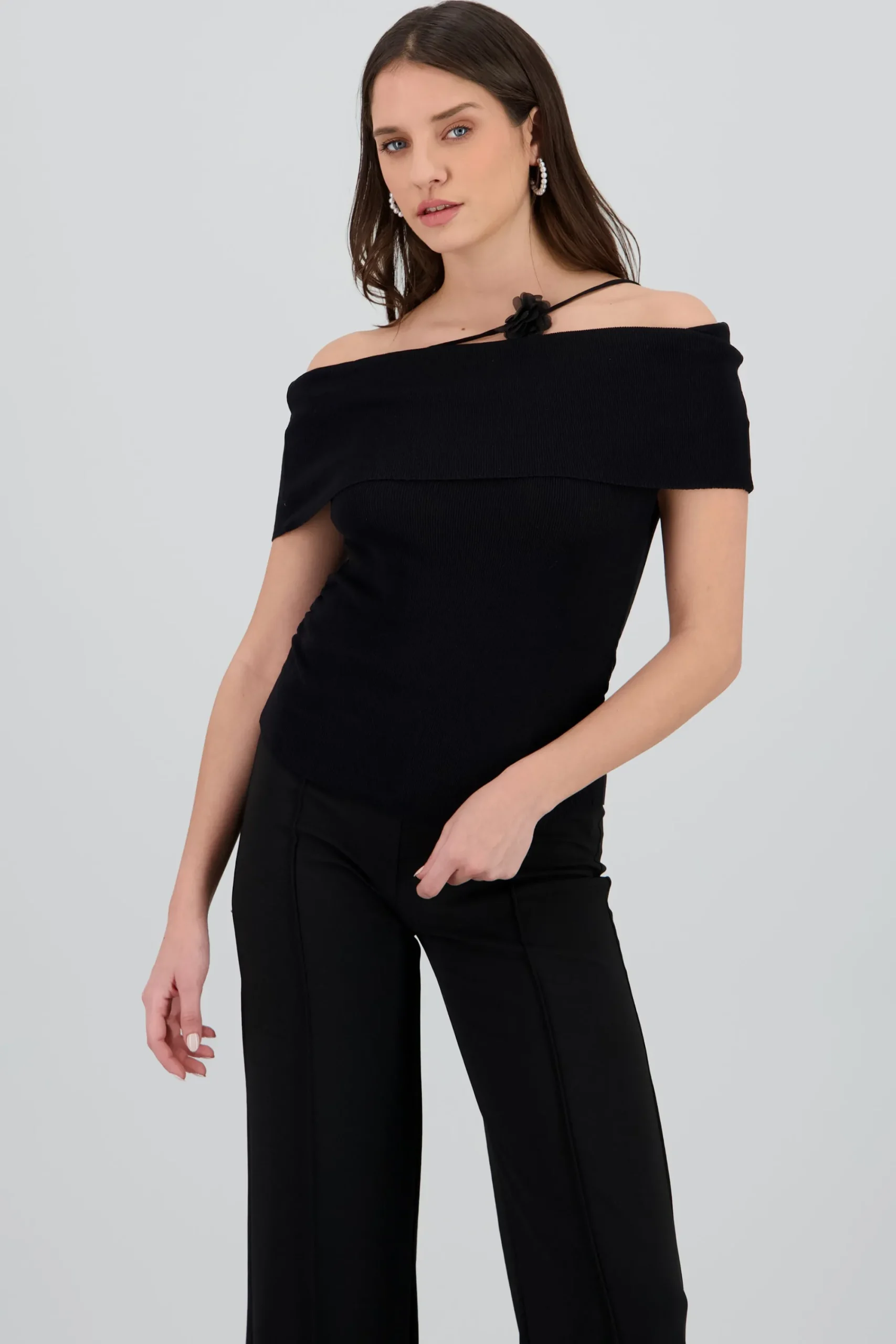 Shasa Off Shoulder Knitted Top with Floral Detail