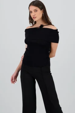 Shasa Off Shoulder Knitted Top with Floral Detail