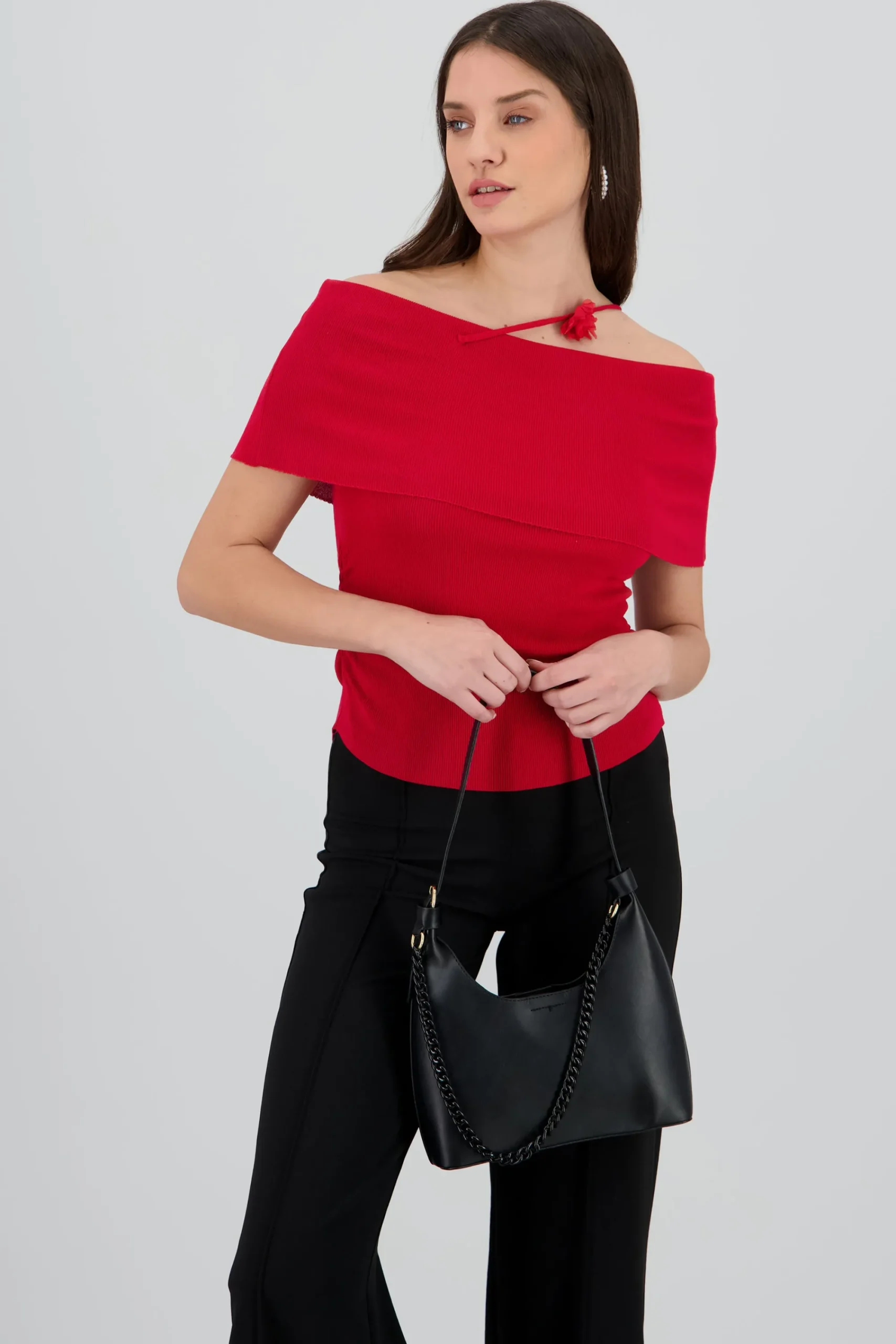 Shasa Off Shoulder Knitted Top with Floral Detail