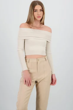 Shasa Off Shoulder Long Sleeve Ribbed Top