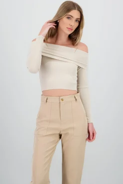 Shasa Off Shoulder Long Sleeve Ribbed Top