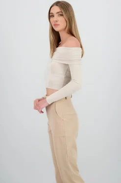 Shasa Off Shoulder Long Sleeve Ribbed Top