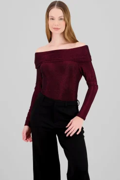 Shasa Off Shoulder Long Sleeve Sparkle Bodysuit