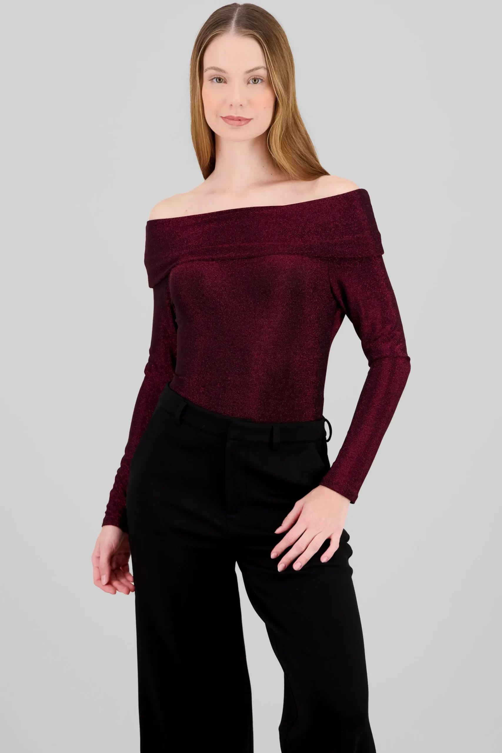 Shasa Off Shoulder Long Sleeve Sparkle Bodysuit