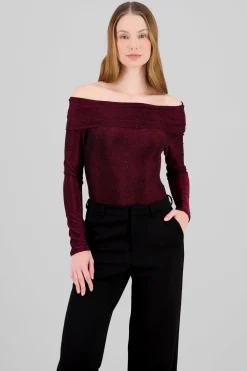 Shasa Off Shoulder Long Sleeve Sparkle Bodysuit
