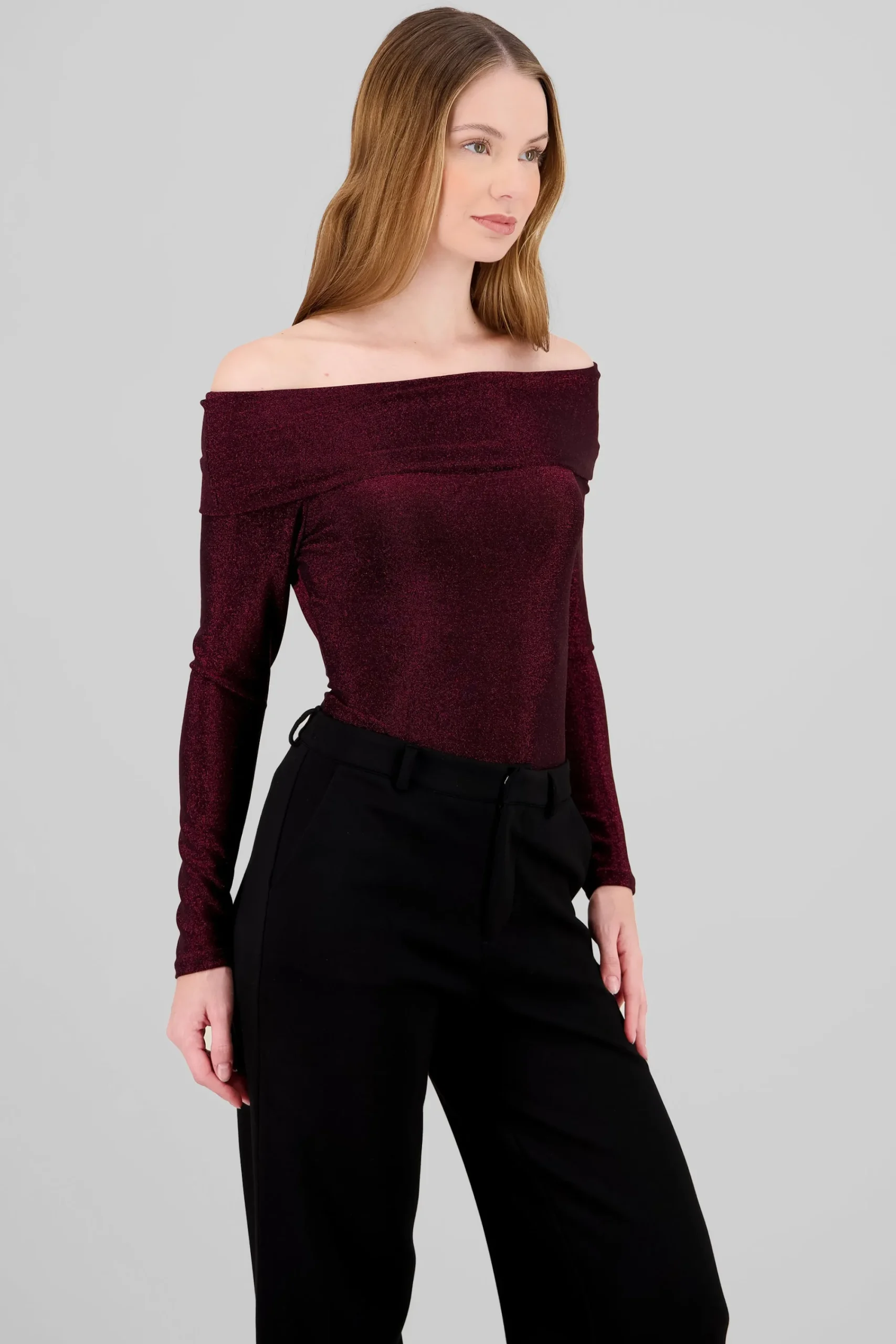 Shasa Off Shoulder Long Sleeve Sparkle Bodysuit