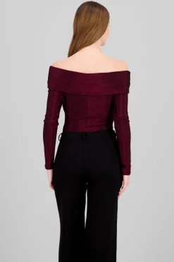 Shasa Off Shoulder Long Sleeve Sparkle Bodysuit