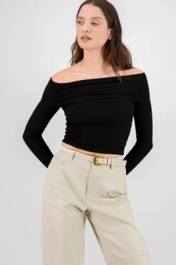 Shasa Off Shoulder Long Sleeve Ribbed Top