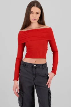Shasa Off Shoulder Long Sleeve Ribbed Top