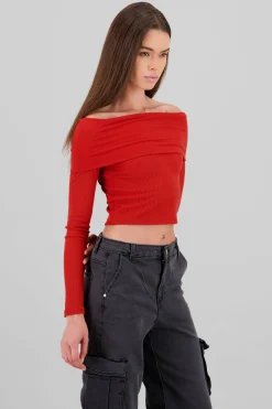 Shasa Off Shoulder Long Sleeve Ribbed Top