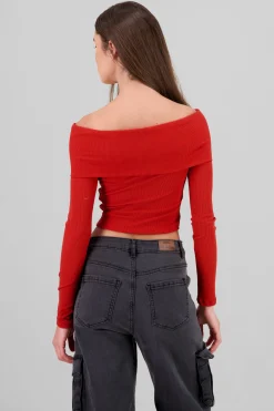 Shasa Off Shoulder Long Sleeve Ribbed Top