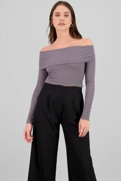 Shasa Off Shoulder Long Sleeve Ribbed Top