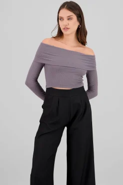 Shasa Off Shoulder Long Sleeve Ribbed Top