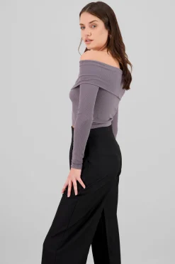 Shasa Off Shoulder Long Sleeve Ribbed Top