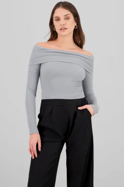 Shasa Off Shoulder Long Sleeve Ribbed Top