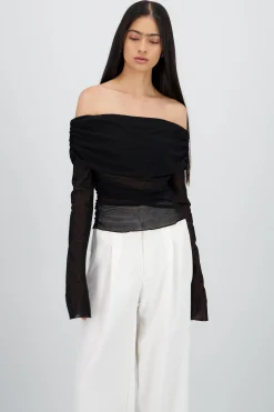 Shasa Off Shoulder Mesh Pleated Top