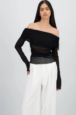 Shasa Off Shoulder Mesh Pleated Top