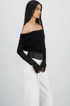 Shasa Off Shoulder Mesh Pleated Top