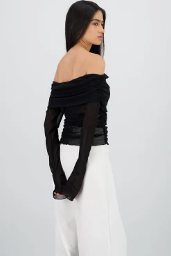 Shasa Off Shoulder Mesh Pleated Top
