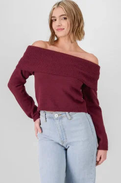 Shasa Off Shoulder Solid Knit Sweater