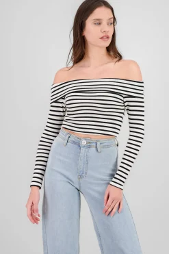 Shasa Off Shoulder Striped Textured Top