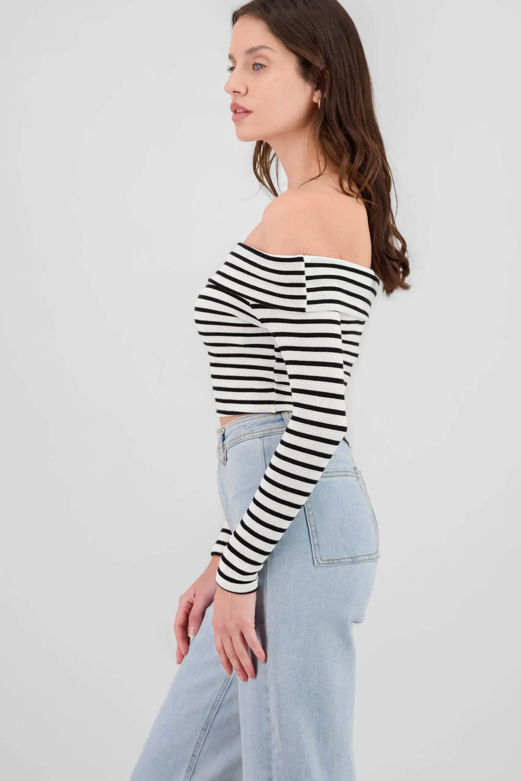 Shasa Off Shoulder Striped Textured Top
