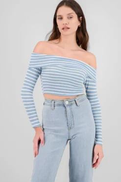 Shasa Off Shoulder Striped Textured Top