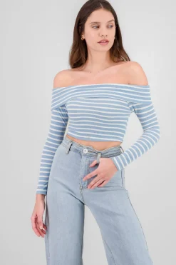 Shasa Off Shoulder Striped Textured Top